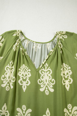 Green Boho Chic Notched V Neck Plus Floral Short Sleeve Top