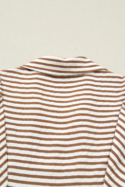 Brown Stripe Shirred V Neck Short Puff Sleeve Blouse
