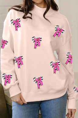 Apricot Pink Mock Neck Sequin Bow Striped Heart Patched Oversize Sweatshirt