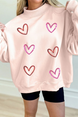 Apricot Pink Sequin Heart Sketch Patched Mock Neck Sweatshirt