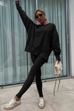 Black Solid Color Oversize Slit Sweatshirt Ribbed Leggings 2pcs Set