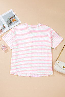 Pink Stripe Plus Size V Neck Exposed Seam Patchwork T Shirt