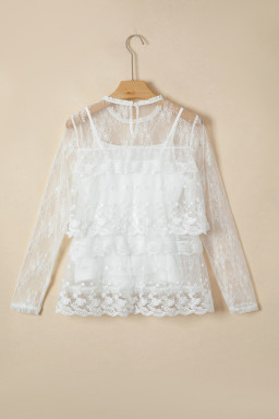 White 2pcs Sheer Floral Lace Ruffle Tiered Patchwork Blouse