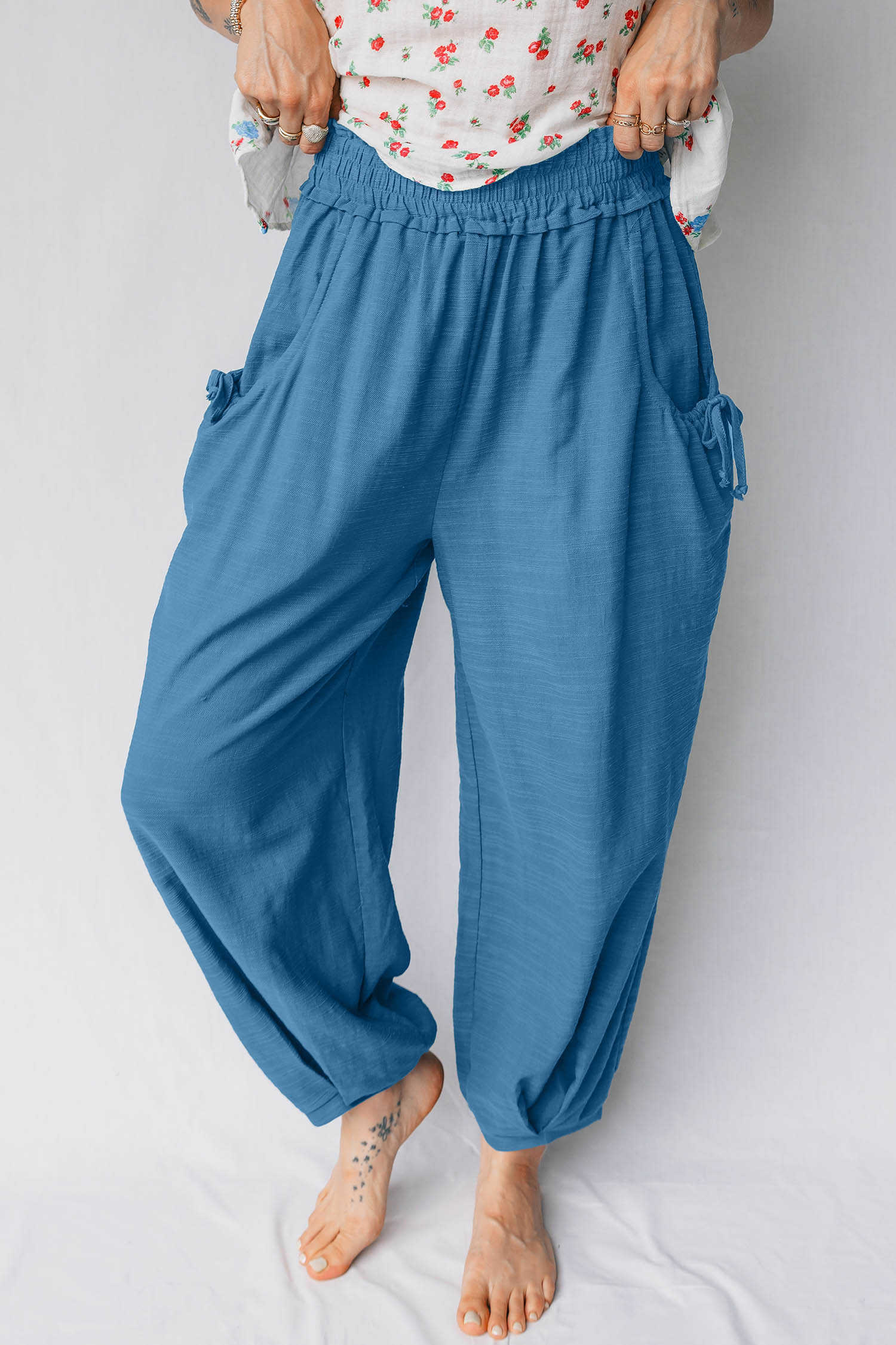 Pantalons informals de cintura smocked blau prussià estil jogger