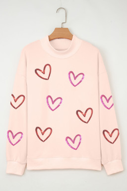 Apricot Pink Sequin Heart Sketch Patched Mock Neck Sweatshirt