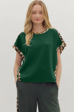 Sea Green Leopard Trim Round Neck Loose T Shirt