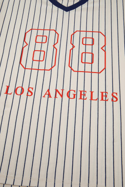 Blue Stripe 88 LOS ANGEL Graphic Lace Patchwork Faux Two Piece V Neck Top