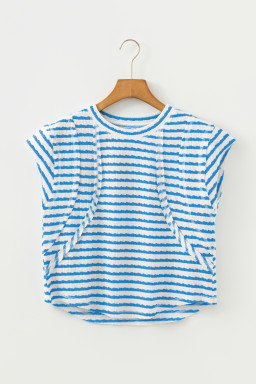 Blue Stripe Textured Short Sleeve Patchwork T Shirt
