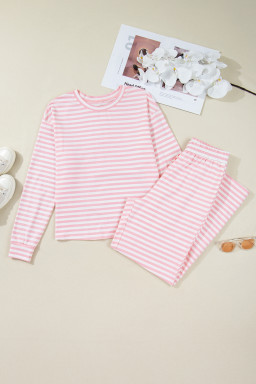 Pink Stripe Drop Shoulder Round Neck Top and Buttoned Straight Pants Two Piece Set
