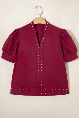 Burgundy Rivet Embellished V Neck Short Puff Sleeve Blouse
