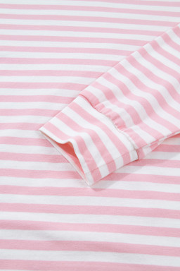 Pink Stripe Drop Shoulder Round Neck Top and Buttoned Straight Pants Two Piece Set