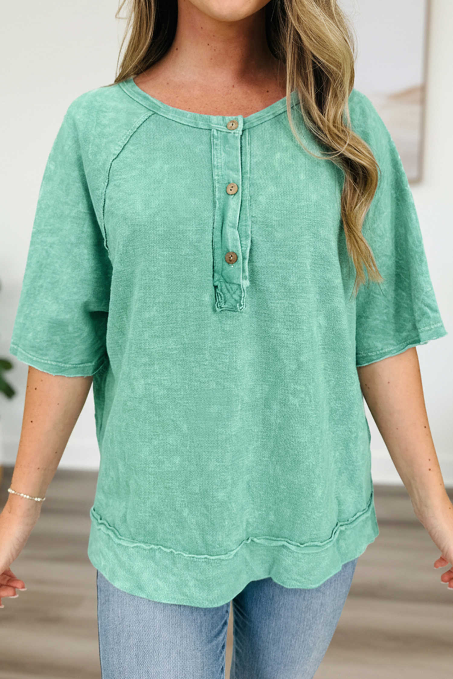Mint Green Half Buttons Raw Seam Raglan Sleeve Mineral Wash T Shirt