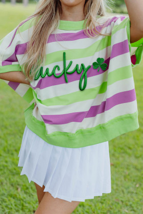 Green Stripe Lucky Clover Embroidered Graphic Dolman Loose Tee