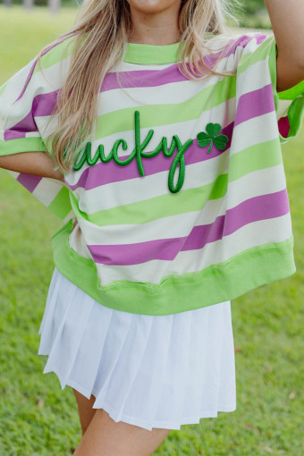 Green Stripe Lucky Clover Embroidered Graphic Dolman Loose Tee