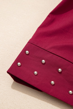 Burgundy Rivet Embellished V Neck Short Puff Sleeve Blouse