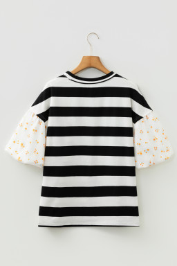 Black Stripe Floral Print Puff Sleeve Patchwork Blouse