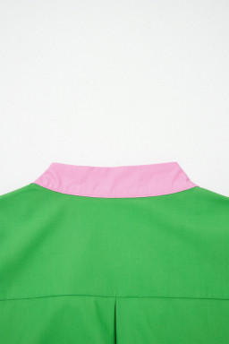 Bright Green Color Block Detail Split Neck Short Puff Sleeve Ruffle Hem Mini Dress