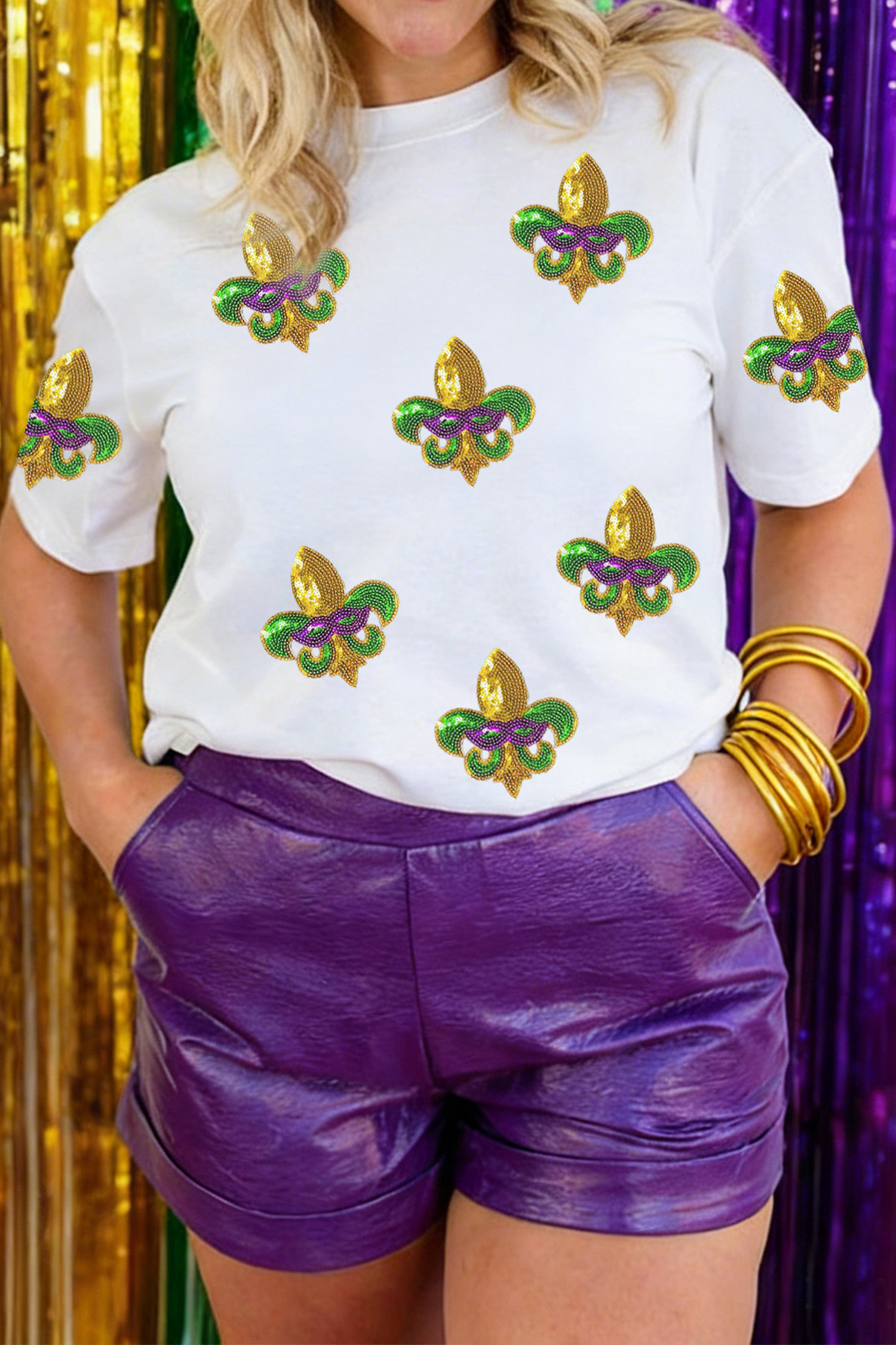 White Mardi Gras Fleur De Lis Patterned T Shirt