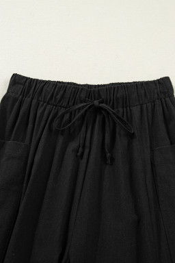 Black Drawstring Elastic Waist Patch Pocket Barrel Leg Casual Pants