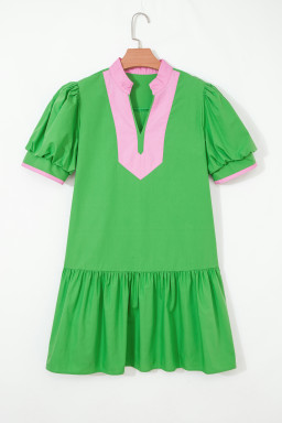 Bright Green Color Block Detail Split Neck Short Puff Sleeve Ruffle Hem Mini Dress