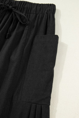 Black Drawstring Elastic Waist Patch Pocket Barrel Leg Casual Pants