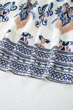 Sky Blue Plus Size Boho Print Split Neck Long Sleeve Mini Dress