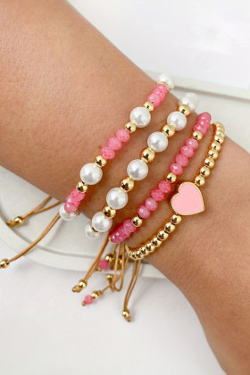 Pink Polyhedral Pearl Golden Beads Adjustable String 4pcs Bracelet Set