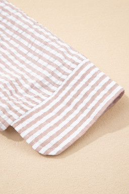 Khaki Stripe Frilled Collar Half Sleeve Shirt Maxi Dress