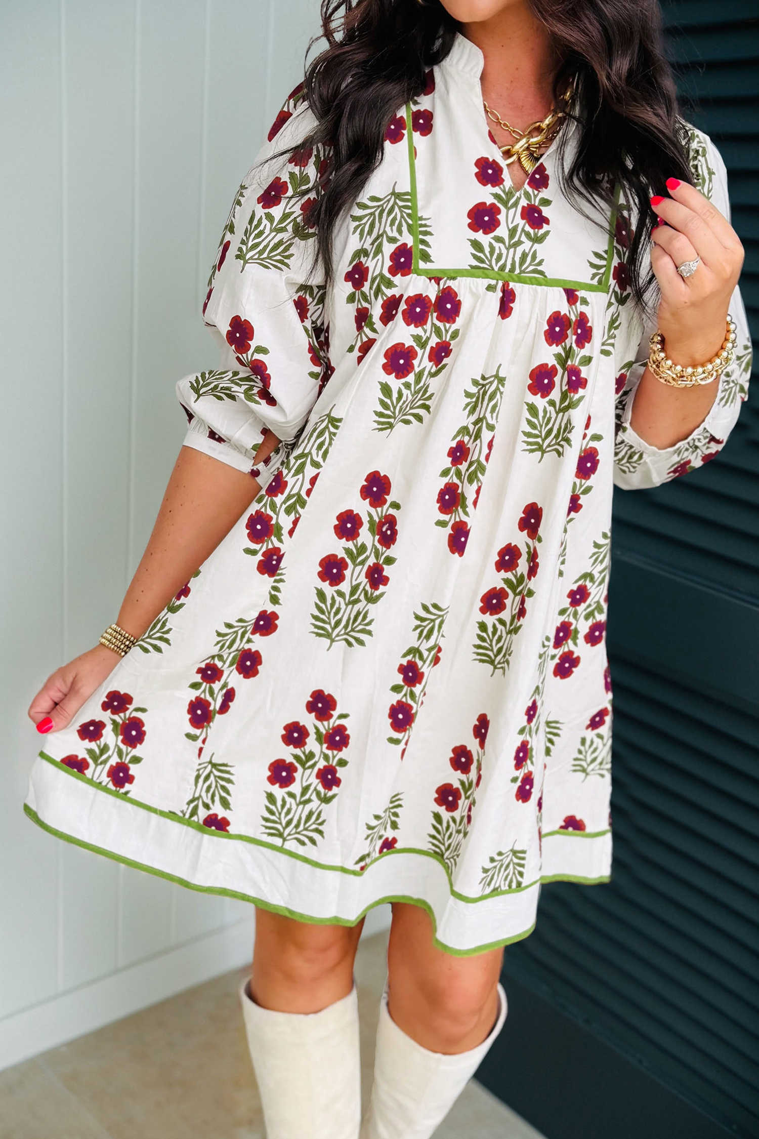 White Frilled V Neck 3/4 Sleeve Loose Floral Dress