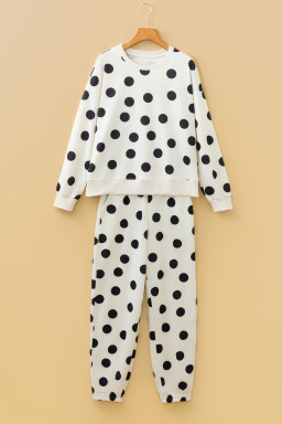 Beige Polka Dot Print Drop Shoulder Pullover Drawstring Jogger Pant Set