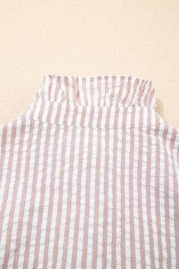 Khaki Stripe Frilled Collar Half Sleeve Shirt Maxi Dress