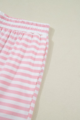 Pink Stripe Drop Shoulder Round Neck Top and Buttoned Straight Pants Two Piece Set