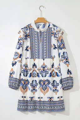 Sky Blue Plus Size Boho Print Split Neck Long Sleeve Mini Dress