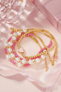 Pink Polyhedral Pearl Golden Beads Adjustable String 4pcs Bracelet Set