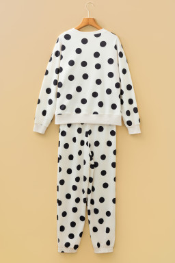 Beige Polka Dot Print Drop Shoulder Pullover Drawstring Jogger Pant Set