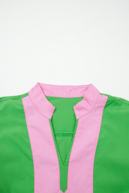 Bright Green Color Block Detail Split Neck Short Puff Sleeve Ruffle Hem Mini Dress
