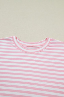 Pink Stripe Drop Shoulder Round Neck Top and Buttoned Straight Pants Two Piece Set