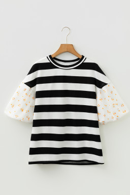 Black Stripe Floral Print Puff Sleeve Patchwork Blouse
