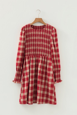 Red Plaid Print Smocked Puff Sleeve Mini Dress