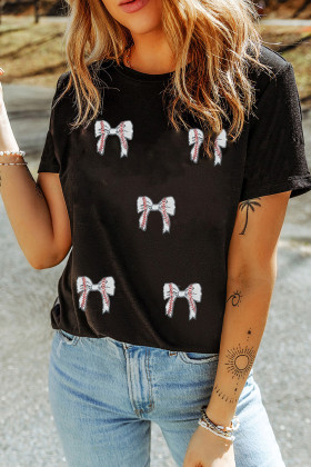 Black Glitter Baseball Bow Patched Cotton Blend T Shirt