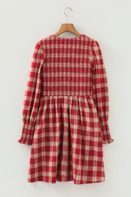Red Plaid Print Smocked Puff Sleeve Mini Dress