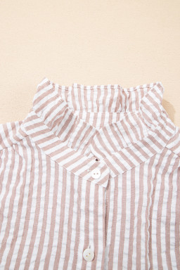 Khaki Stripe Frilled Collar Half Sleeve Shirt Maxi Dress