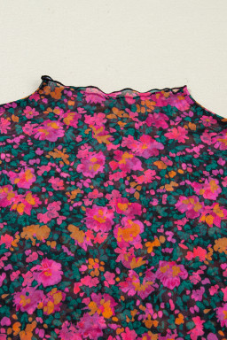 Rose Plus Size Vintage Floral Print Mesh Long Sleeve Top