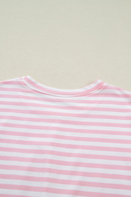 Pink Stripe Drop Shoulder Round Neck Top and Buttoned Straight Pants Two Piece Set