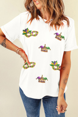 White Sequined Mardi Gras Accessories Patterned Festive T Shirt
