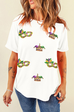 White Sequined Mardi Gras Accessories Patterned Festive T Shirt