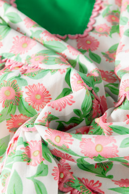 Green Contrast Neckline Ricrac Trim Floral Short Puff Sleeve Dress