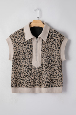 Beige Zip up Collared Leopard Cap Sleeve Top