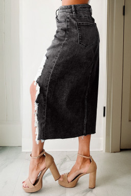 Dark Grey Irregular Distressed Bottom Denim Midi Skirt