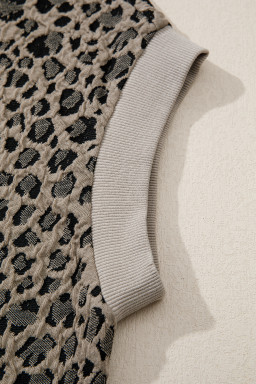 Beige Zip up Collared Leopard Cap Sleeve Top